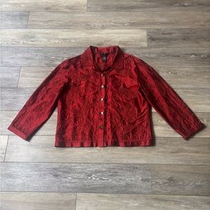 Multiples Silk Jacket Sz 2 Red Embroidered Lightweight Evening Holiday *READ*